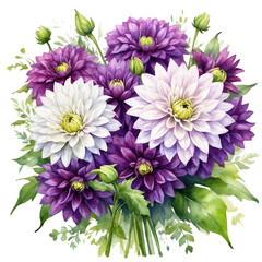 Watercolor illustration of purple dahlia flowers with green leaves in bouquet. Creative graphics design. Beautiful flowers for decoration.