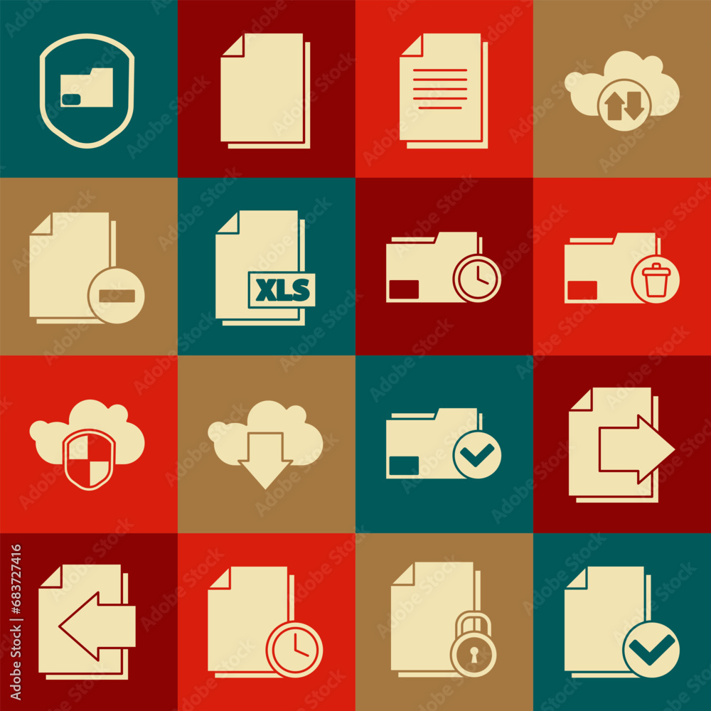 Poster set document and check mark, next page arrow, delete folder, xls file document, with minus, protecti