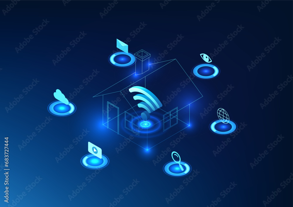 Poster internet of things technology the wi-fi symbol is in the house. refers to the network connection of 
