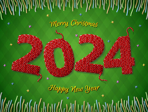 New Year 2024 in shape of knitted fabric on checkered background. Christmas wishes surrounded by colored threads. Vector image for new years day, christmas, winter holiday, new years eve, silvester