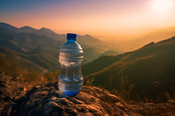 Drink water in water plastic bottle in mountains. Fresh water in plastic bottle in mountains. Mineral water in plastic bottle. Bottled Mineral. - obrazy, fototapety, plakaty