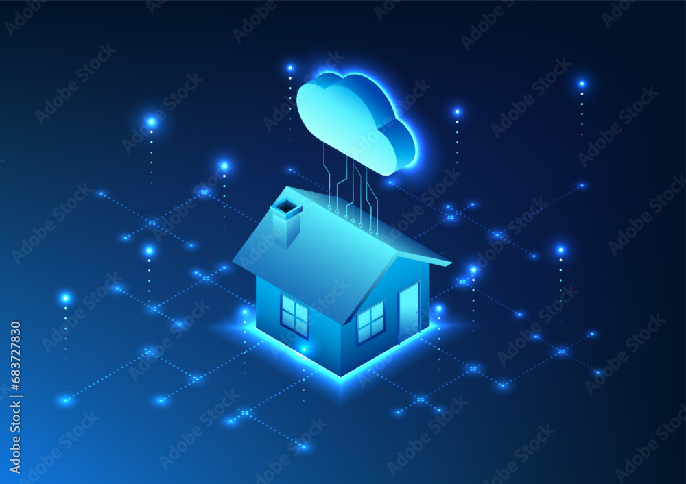 Poster internet of things technology the house is connected to the cloud with technological circuits. shows