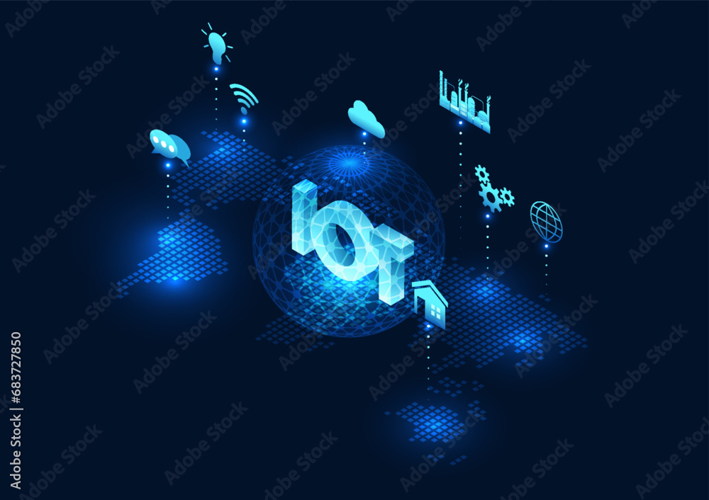 Poster internet of things technology iot is inside the circle placed on the world map. it means providing r