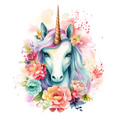 Cute colorful magic unicorn with flowers Illustration, Generative Ai