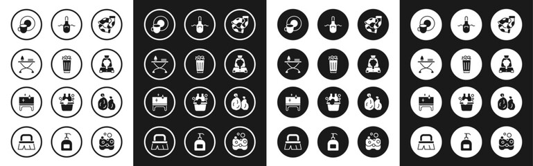 Fototapeta premium Set Socks, Full trash can, Iron and ironing board, Washing dishes, Cleaning lady service, Kitchen apron, Garbage bag and table icon. Vector