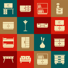 Set Furniture nightstand, TV table, Library bookshelf, Floor lamp, Chest of drawers, and icon. Vector