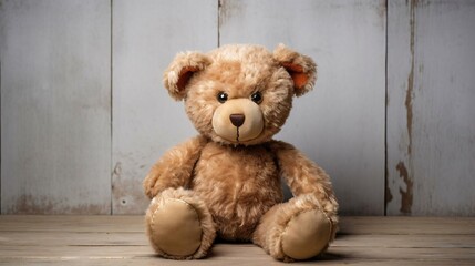 a stuffed bear on a wood floor