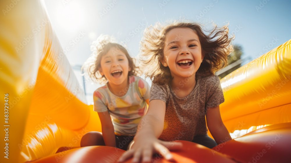 Wall mural happy group of kids on the inflatable bounce house on sunny summer day