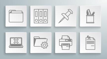 Set line Laptop and cross mark on screen, Office folders with papers documents, Folder settings gears, Printer, Note pinned pushbutton, Push, Pencil case stationery and Document icon. Vector - obrazy, fototapety, plakaty