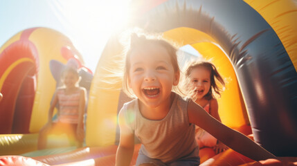 Happy group of kids on the inflatable bounce house on sunny summer day - obrazy, fototapety, plakaty