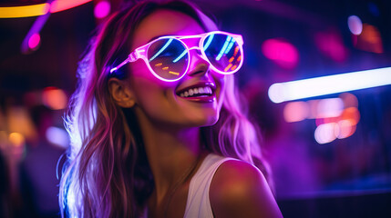 Portrait of a happy girl in a night club with purple and pink spotlight wearing sunglasses. Young woman in a nightclub with laser lights - obrazy, fototapety, plakaty