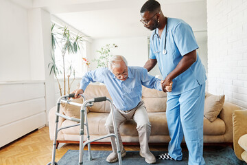 nurse doctor senior care caregiver help walker assistence retirement home nursing elderly black man hospital clinic home disability disabled