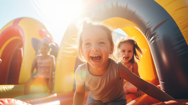 Happy group of kids on the inflatable bounce house on sunny summer day