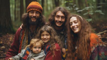 Portrait of a hippie family , hippy group of people living peace and love in middle of nature forest