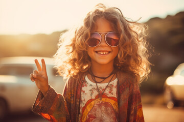 Portrait of a hippie boy kid , doing peace and love sign gesture with his hand and fingers - obrazy, fototapety, plakaty