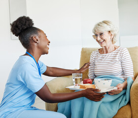 nurse senior woman home care patient elderly lunch caregiver meal food hospital eating eat recovery...
