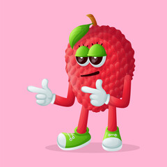 lychee character with pointed hand and cool expression