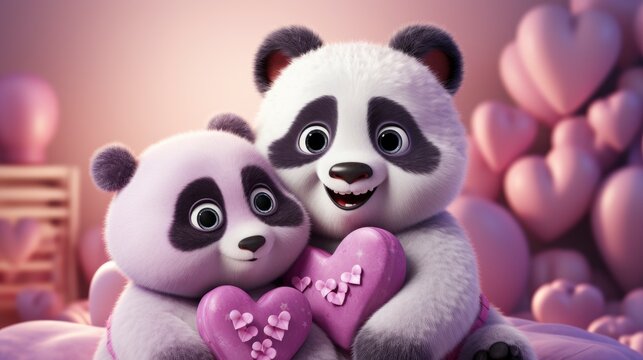 Cute Cartoon Panda Couple Concept Valentines, Background Image, Desktop Wallpaper Backgrounds, HD