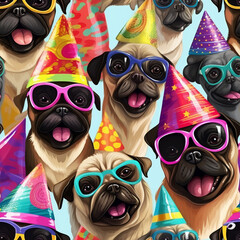 Repeating seamless pattern of funny pugs pug dogs in sunglasses and birthday party hats pop art...