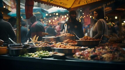 a group of people standing around a table with food on it