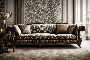 Present a damask sofa in a regal ambiance, highlighting its ornate and luxurious fabric. 