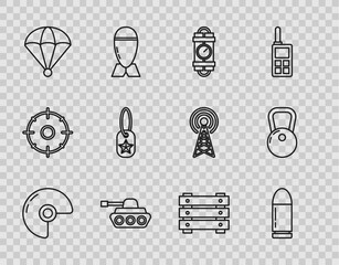 Set line Military helmet, Bullet, Detonate dynamite bomb stick and timer clock, tank, Parachute, dog tag, ammunition box and Kettlebell icon. Vector