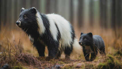 side view cinema lens of a Skunk with a skunk cub walking in forest