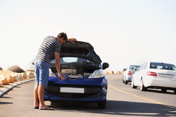 Breakdown, stress and man with car on road with engine problem, mechanic issue and transport crisis...