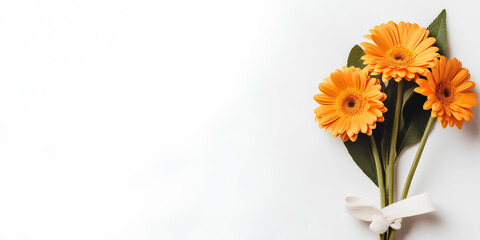 A bright bouquet of orange gerberas with a ribbon on a white background with a place for text.
