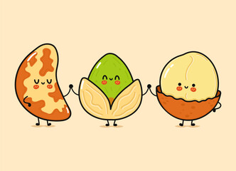 Cute, funny happy Brazilian nut, Pistachio and Macadamia. Vector hand drawn cartoon kawaii characters, illustration icon. Funny cartoon Brazilian nut, Pistachio, Macadamia mascot friends concept