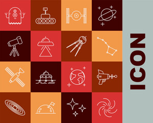 Set line Black hole, Ray gun, Great Bear constellation, Cosmic ship, UFO flying spaceship, Telescope, Alien and Satellite icon. Vector