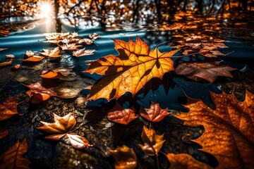 extreme close up view , autumn broken leave on the water , sun rays are also present. 