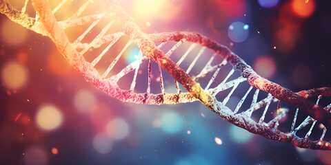 A graphic of a dna strand DNA and Genetics Scientific Backdrop Place scientific symbols or models behind the DNA DNA molecule and bokeh background with lights Ai Generative - obrazy, fototapety, plakaty