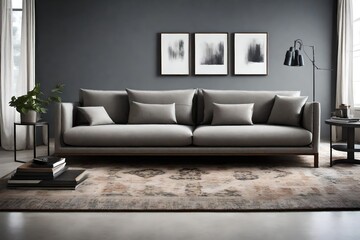 Compose an image of a low-profile sofa, emphasizing its sleek lines and modern aesthetics. 