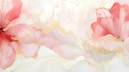 Foto op Plexiglas Abstract marbled ink liquid fluid watercolor painting texture banner illustration - Soft red pink petals, blossom flower flowers swirls gold painted lines, isolated on white background, generative ai © pawczar