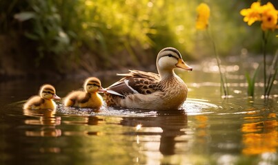 a mother duck with her three babies in the water of a pond in the woods of a city park, cute and funny, - obrazy, fototapety, plakaty