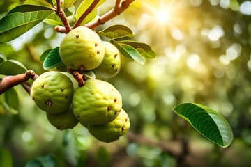 Close up view, fresh guava on tree in garden, sun light also present. 