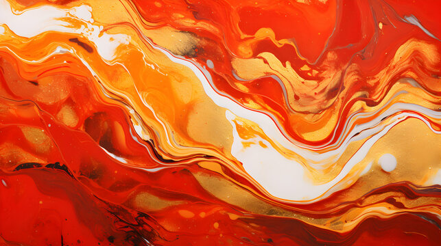 Abstract marbling marble oil acrylic paint background illustration art wallpaper - Red orange color with waving waves swirls liquid fluid texture banner painting textur, brochure, header, generative a