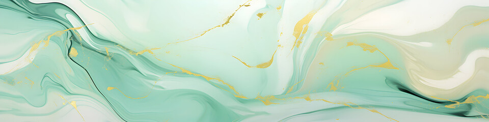 Abstract marble ink liquid fluid watercolor painting texture banner illustration, mint green petals, blossom flower flowers swirls gold painted lines, isolated on white background, generative ai