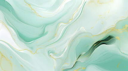 Fototapeta premium Abstract marble ink liquid fluid watercolor painting texture banner illustration, mint green petals, blossom flower flowers swirls gold painted lines, isolated on white background, generative ai