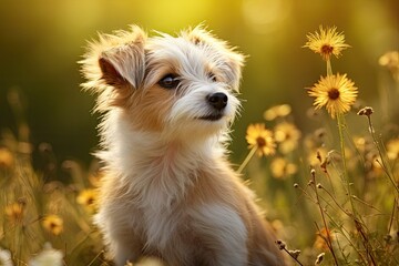 a small white and brown dog, bright background,