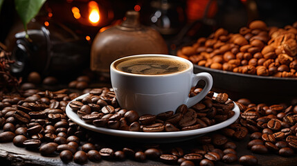 Freshly Roasted and Brewed Coffee With a Coffee Cup on a Table Background Selective Focus