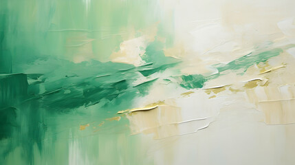 Abstract rough green white gold art painting texture background illustration, with oil brushstroke and palette knife paint on canvas, brochure template, digital web header, generative ai