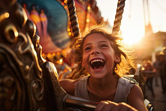 Enthusiastic, grinning children 12 years old riding on carnival rides.