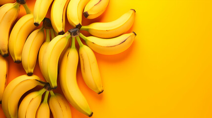 Banana fruits on orange, yellow background. Fresh organic banana exotic fruit backdrop pattern, top view. Generative ai. - obrazy, fototapety, plakaty