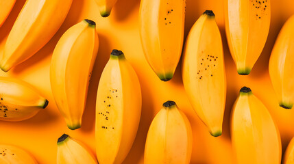 Banana fruits on orange, yellow background. Fresh organic banana exotic fruit backdrop pattern, top view. Generative ai. - obrazy, fototapety, plakaty