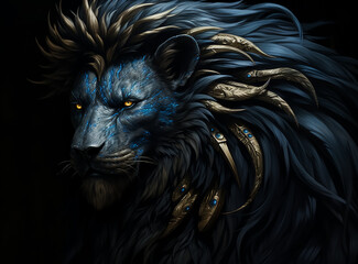 Blue and Bronze Lion head, Golden hairy King Lion, fantasy portrait, 