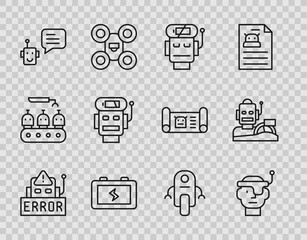 Set line Error in robot, Smart glasses, Robot low battery charge, Battery, Bot, and humanoid driving car icon. Vector