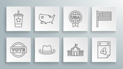 Set line Vote, USA map, Western cowboy hat, United States Capitol Congress, Calendar with date July 4, Medal star, American flag and Paper glass straw icon. Vector
