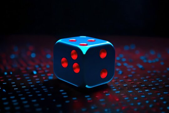 single dice Futuristic Black And Blue, Red Neon cyberpunk style against black back ground. 